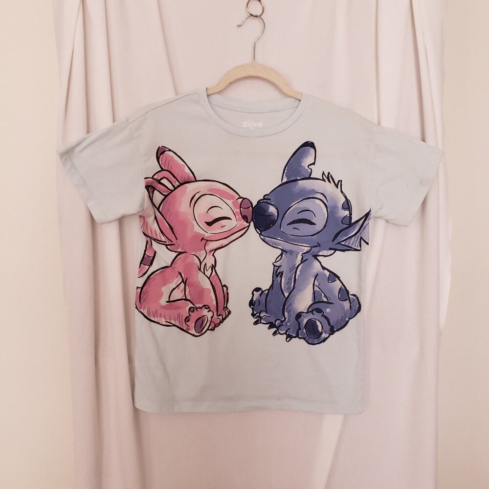Disney Stitch & Angel Girls Light Blue Cute Watercolor Graphic T-shirt Size XL